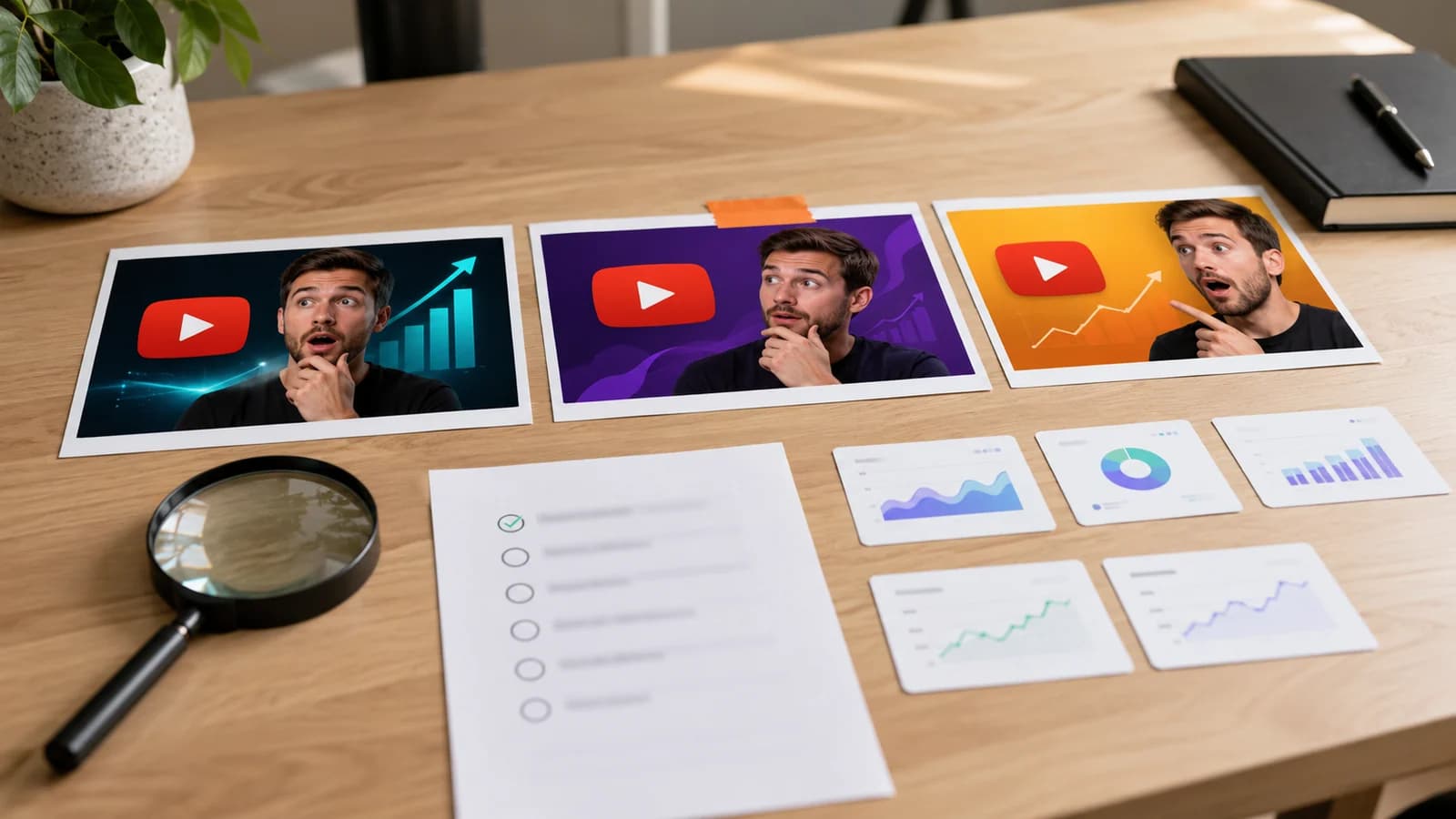 Birden fazla thumbnail varyantını karşılaştıran koyu arayüz ve seçim notları