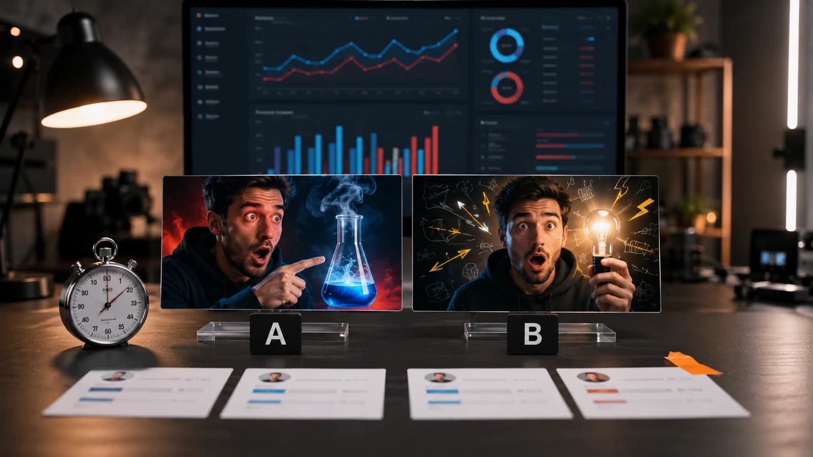 Thumbnail varyantları, tıklama oranı grafiği ve test sonuçlarını gösteren analiz ekranı