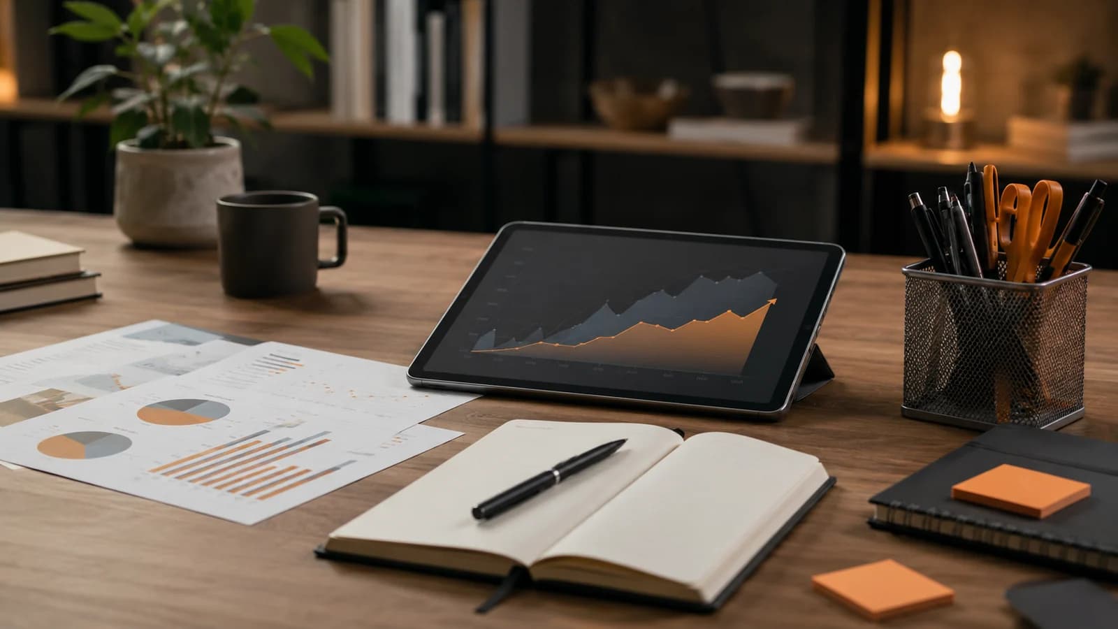 Finans ve eğitim içerikleri için grafik, defter, ekran ve sakin renklerle hazırlanmış YouTube kapak görseli